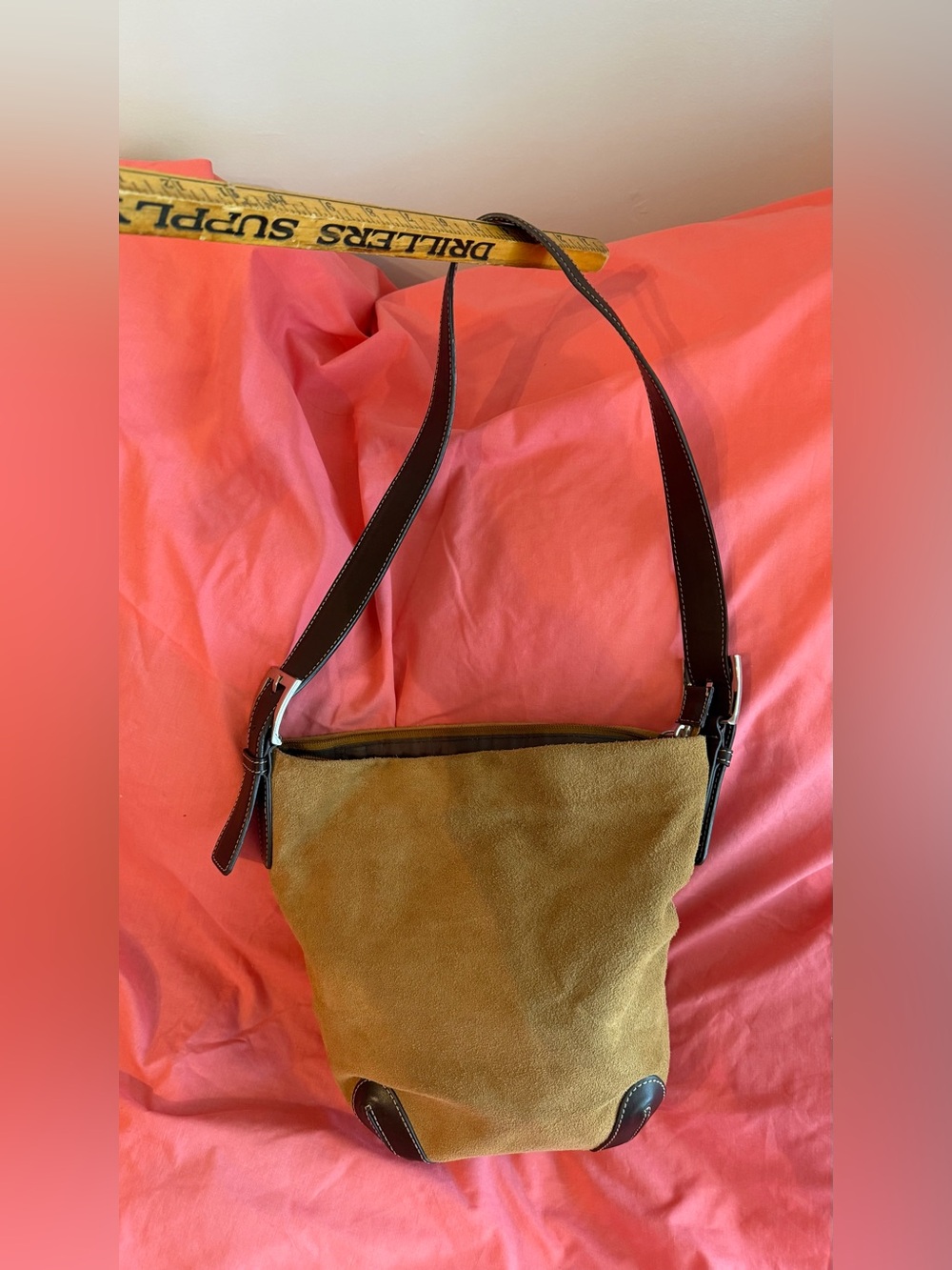 Preston & York Tan Suede Shoulder Bag with Dark Brown Strap